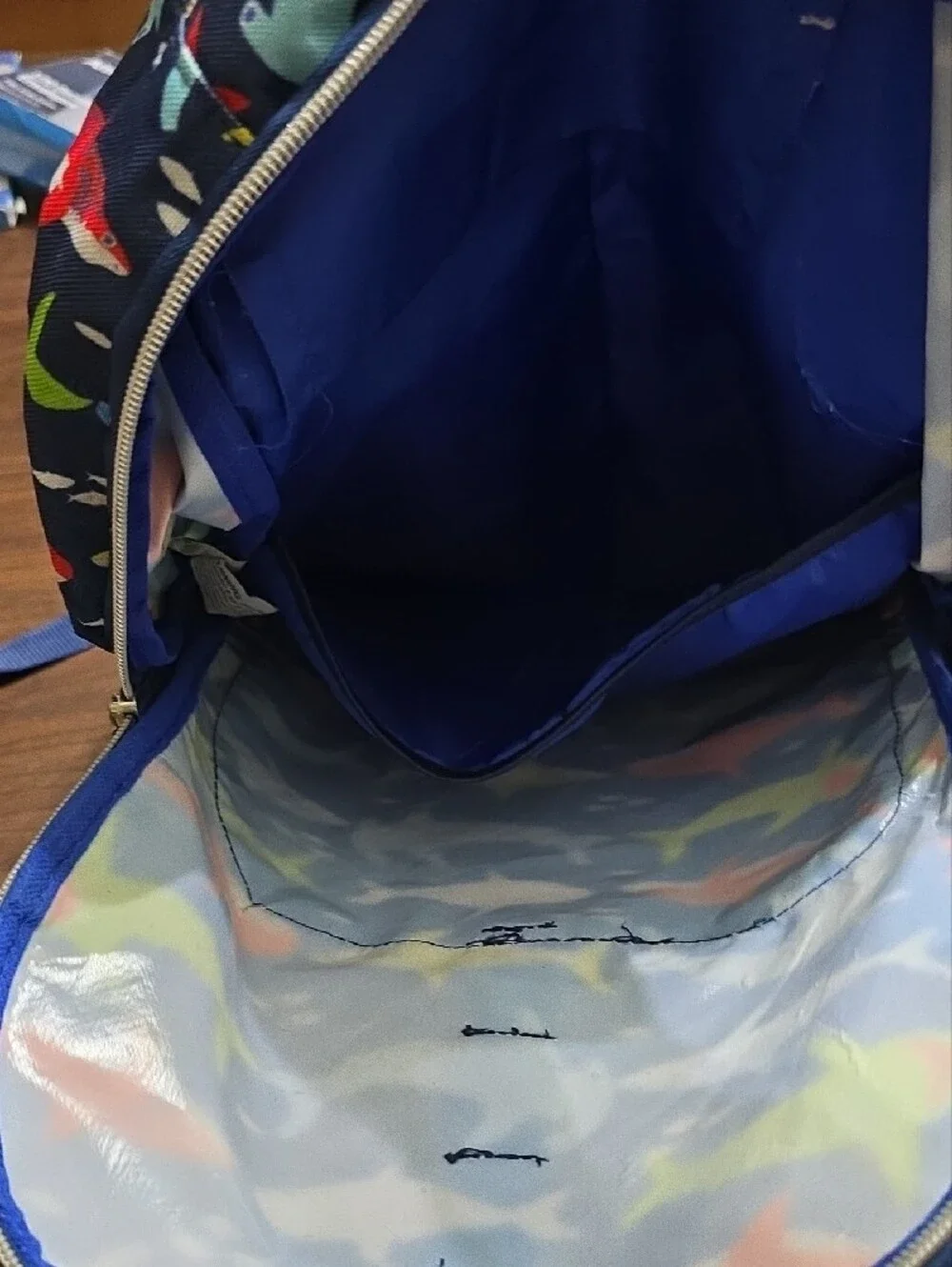 Tommy Bahama Kids Navy Backpack with Multicolor Shark Print